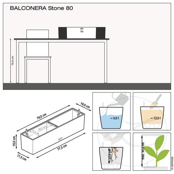 Розумний вазон з автополивом Lechuza BALCONERA Stone 80 сірий камінь 15660 фото