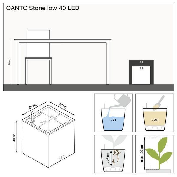 Розумний вазон з автополивом Lechuza CANTO Stone 40 low LED кварцовий білий 13697 фото