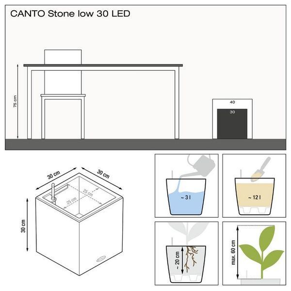 Розумний вазон з автополивом Lechuza CANTO Stone 30 low LED сірий камінь 13630 фото